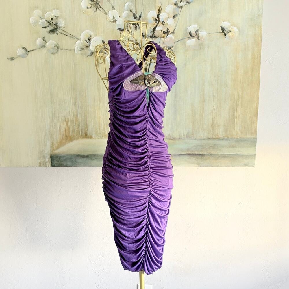 Alexandra Vidal XS Purple Ruched Halter Bodycon Dress Metallic Y2K Glam